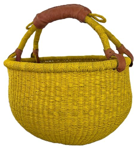 Medium Rund Bolga-Korg ca Ø 30 x 30 cm – Handgjord i Ghana – Fair Trade – Shoppingkorg med Läderhandtag – Gul