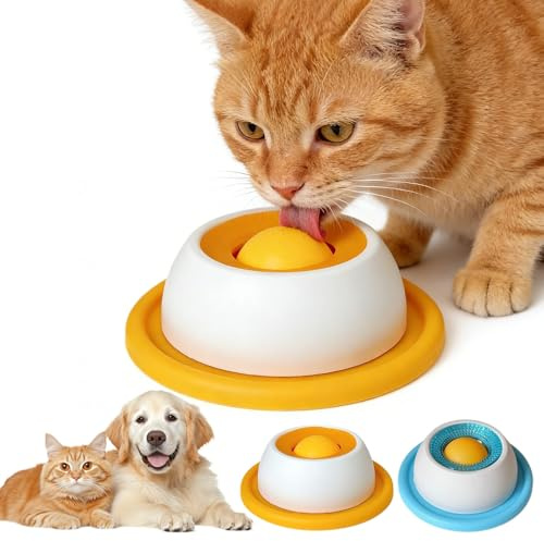 Lickimaten Tappetino da Leccare per Cani e Gatti - Elemento interattivo per Coccole con Sfera Rotante, Ciotola Antiscivolo per Una Pappa a Lunga Durata, (Giallo, per Gatti)