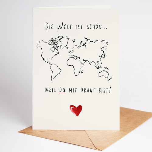 Lovely Cards Die Welt ist schön, weil du mit drauf bist - Dankeschön Karte - Geburtstagskarte Freundin Frau - Dankeskarte Lehrerin Erzieherin - Danke für Alles (DIN-A6)