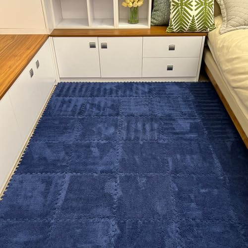 Hiseng 12 Pièces Tapis de Sol en Mousse Pelucheuse, Tapis de Sol Puzzle Carrée avec Dalles Emboîtables en Mousse EVA Antidérapant Doux pour Salon, Chambre à Coucher