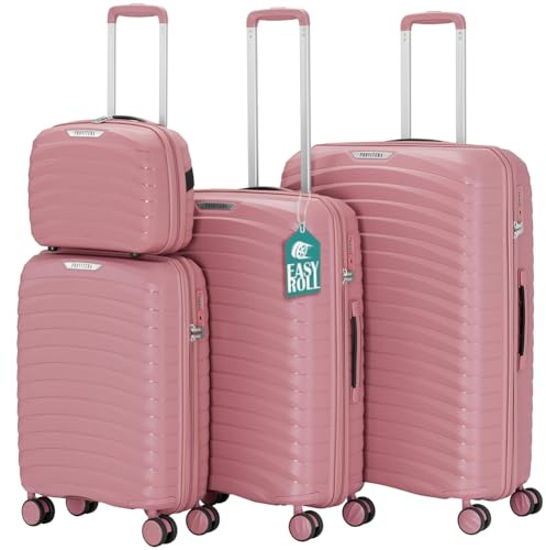 PROVITERA Juego de 4 Maletas rígidas con Neceser de Polipropileno ultrarresistente a los Golpes, Trolley con Mango telescópico y Ruedas Easy Roll, Cerradura de código Reforzado y diseño Moderno, Rosa