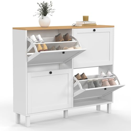 IDMarket - Zapatero Achille para 20 pares con 4 puertas, color blanco y bandeja de madera