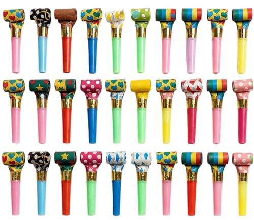 30 Pieces Party Blowers for Celebrations,Colorful Plastic Trumpet Whistles Poppers Party Blow Roll Bags Fillers Noise Maker Toys,Entertainment for Birthday and Gatherings,Adults Guests Party Supplies