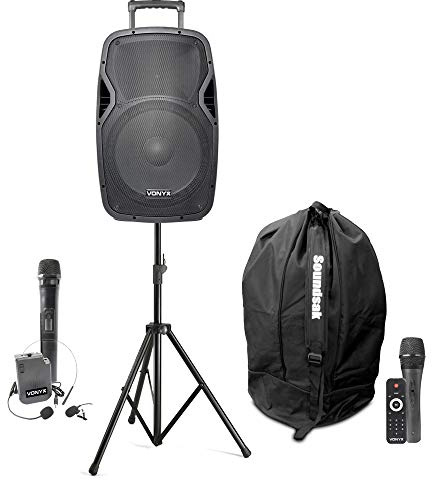 Vonyx AP1200PA Portable PA System, 600W 12 Battery Powered PA Speaker Set with Wireless Mics, Bluetooth, Speaker Stand & Carry Bag for DJs, Live Events, Karaoke & Presentations