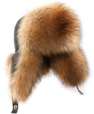 XUYUZUAU Mens Fox Hair Hat Winter Genuine Sheepskin Russian Ushanka Hats Natural Brown