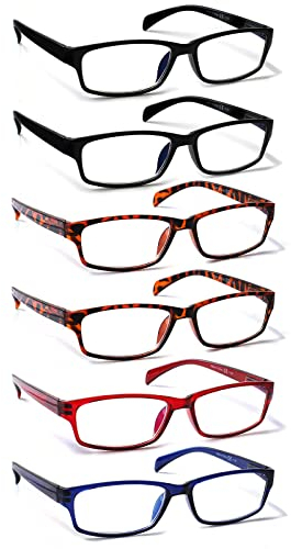 COJWIS Lesebrille 6 Pack herren und Damen Qualität Feder Scharnier Blaulichtfilter Leser Brille(6 Farbe Mischen-1, 3.00)