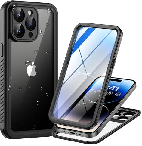Lanhiem für iPhone 14 Pro Hülle IP68 Wasserdicht 360 Grad Outdoor Stoßfest | Schwarz,Wasserfest Schutzhülle,Waterproof,Handyhülle mit Displayschutz,komplett Panzerhülle,Full Cover,Staubdicht,Baustelle