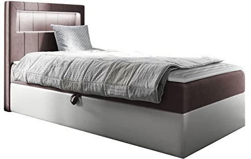 Mirjan24 Boxspringbett Junior Gladino I mit Bettkasten und Led-Beleuchtung, Continentalbett Bonell-Matratze Topper Polsterbett Amerikanisches Bett (Soft 017 + Fresh 9, 90 x 200 cm, Seite: Links)