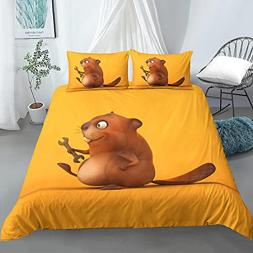 NDXRWDZR Housse de Couette 200x200 cm Adolescent Castor Jaune Parure de Lit 2 Personnes avec Fermeture Éclair Doux Respirant Microfibre Housse de Couette et 2 Taie d'oreiller 65x65 cm