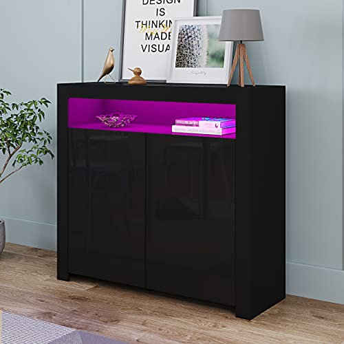 Moderner Sideboard-Schrank, Buffet-Konsolentisch mit Türen und Regalen, 16 Farben, RGB-LED-beleuchtet, 106 cm Höhe, Schwarz