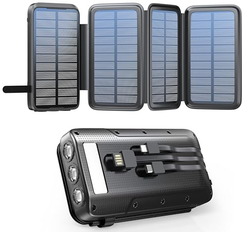 Batterie Externe Solaire 20000mAh, Chargeur Solaire avec 3 câbles QC4.0 22,5W USB C 20W, Fonction de Charge Rapide, avec 4 Panneaux solaires et 3 Lampes de Poche LED pour Smartphones (Noir)