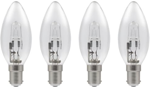 4 Pack 28W=(35W) Eco Classic Small Bayonet Cap B15d, SBC, Traditional Clear Candle Bulbs, Dimmable, 370 Lumen, 2700K Warm White, AC 230V, for Chandeliers, Lamps, Wall Lights, Pendants