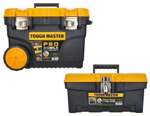 Large Tool Box On Wheels 24 Inch 62cm Professional Heavy Duty Toolbox Chest With Tote Tray 84 Litres Capacity 2 Wheels For Maintenance And Home TOUGH MASTER (With 16'' Tool Box)