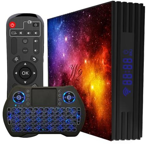 Kraftfull Android 12 TV-box (4 GB RAM, 64 GB ROM) med minitangentbord – allt-i-ett-streaming! Njut av dubbel WiFi, BT 4.2, 4K/3D-video via HDMI 2.0 och USB 2.0.