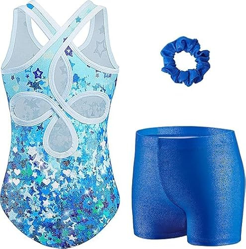 Arshiner Mädchen Gymnastikanzug 3-teilig mit Shorts Cut-out Glitzer | Ärmelloses Turnanzug-Set mit Gymnastiktrikot Shorts und Haargummi als Ballettanzug Tanzbody und Leotard