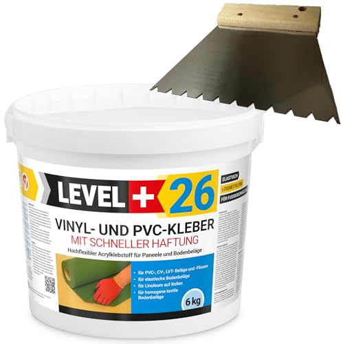 Level Plus 26 vinyllim PVC LVT CV panelmatta 6 kg, snabbhäftande akryllim för LVT, CV, matta & linoleum, elastisk, lösningsmedelsfri tandspatel B11 set