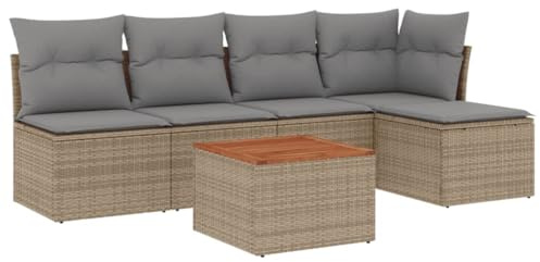 HETFTJN Juego de 6 sofás de jardín de polirratán beige con tablero de madera de acacia y tapicería, conjunto de asientos modulares para terraza y balcón, cómodo conjunto de muebles de jardín