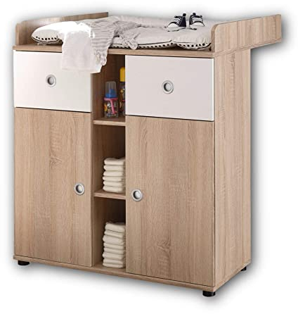 WIKI Praktische Baby Wickelkommode inkl. Aufsatz - Vielseitiger Wickeltisch mit viel Stauraum in Eiche Sonoma Optik, Weiß - 89 x 101 x 78 cm (B/H/T)