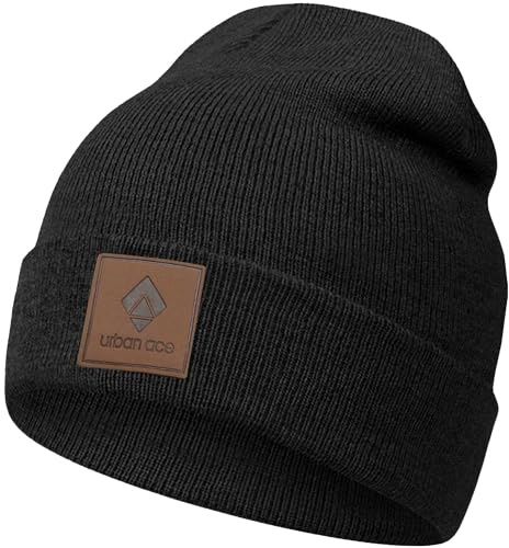 urban ace | Beanie, Mütze, Haube | dichter Stoff, doppellagig | mit Patch | Damen, Herren | Frühling Herbst Winter | weich & hochwertig (Black)
