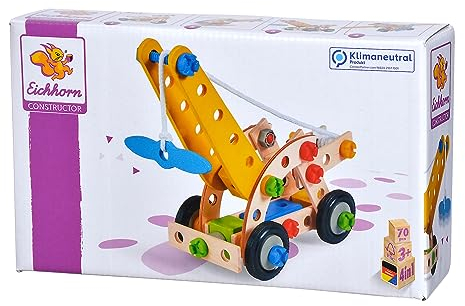Eichhorn - 100039022 - Constructor Kranwagen, 70-teilig, Holzspielzeug-Konstruktionsset, 4 Verschiedene Modelvarianten baubar, Holzbaukasten, Motorikspielzeug ab 3 Jahren