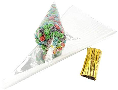 JZK 100x Buste dolci a cono trasparenti cellophane bustine borsa triangolare sacchetto porta confetti spuntini caramelle sacchettino bomboniere regalo per dolcetti biscotti popcorn per festa
