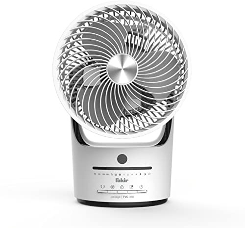 Fakir Prestige TVC 360 - Ventilador de mesa silencioso de diseño con mando a distancia, ventilador con temporizador, oscilación vertical de 90°, 3 velocidades y ventilación de 360 grados, color blanco