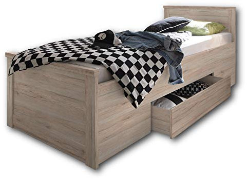 LUCA KOMFORT Stilvolles Einzelbett 100 x 200 cm mit Bettkasten - Komfortables Landhausstil Schlafzimmer-Bett in Eiche San Remo - 106 x 91 x 205 cm (B/H/T)