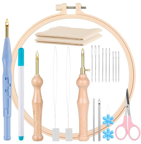 Kit de Bordado de 21 Piezas Con Aguja de Perforación, Herramientas de Pluma, Mango de Madera, Aros, Paño, Punch Needle Kit, Aguja Mágica Para Bordar (Azul)