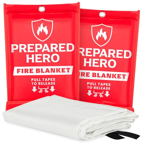 Prepared Hero Feuerlöschdecke für Notfälle - 2 Stück - Feuerlöschdecke für die Küche, 101.6cm x 101.6cm Brandschutzdecke für Zuhause, Glasfaser-Löschdecke