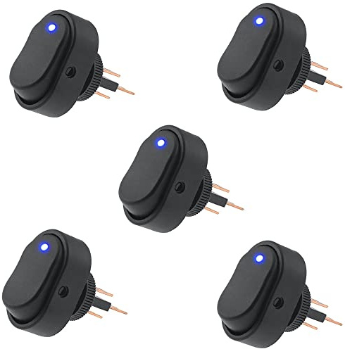 CENPEK Wasserdichter LED-beleuchteter Wippschalter, Kippschalter, 12 V, 30 A, SPST, 3-polig, Ein-Aus, blauer runder Punktschalter für Auto, Boot, marineblaue LED, 5 Stück