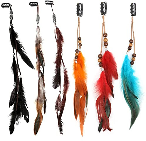 6 PCS Feather Hair Clips, VEGCOO Handmade Boho Hair Extensions DIY Accessories Hippie Hairpin Headdress for Women Girls