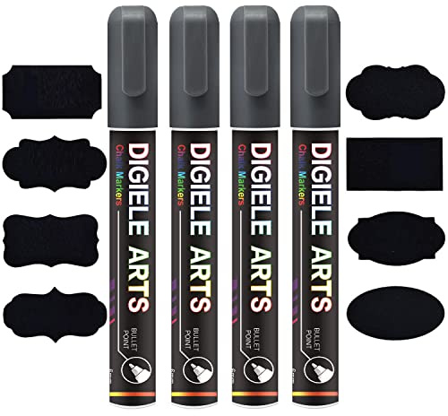 DIGIELE Marqueur Craie Argent, 4pcs Feutre Craie Liquide Argent 6mm + 16 Etiquettes Tableau, Effaçage par Chiffon Humide ou Sec, Pointe Réversible Ogive ou Biseau Marqueurs pour Tableau/Fenêtre/Verre