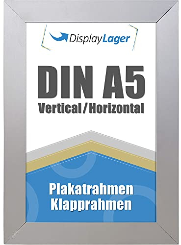 DisplayLager - Flat Profile Klapprahmen, Dünne 20mm Aluminium Profil, Entspiegelter Schutzscheibe, Befestigungsmaterial (Silber, A5)