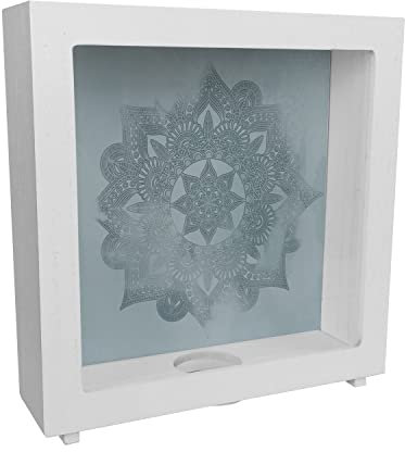 Mandalamuster Rahmen Spardose aus Holz in blau als Geschenkidee für Liebhaber von Mandalas und Goa um auf einen Herzenswunsch zu sparen