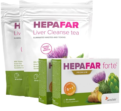 Leber Kur - Mariendistel, Artischocken, Grüner Tee, Löwenzahn, Ingwer, Vitamin E, Selen - 60 Kapseln und 40 Teebeutel - Hepafar Sensilab