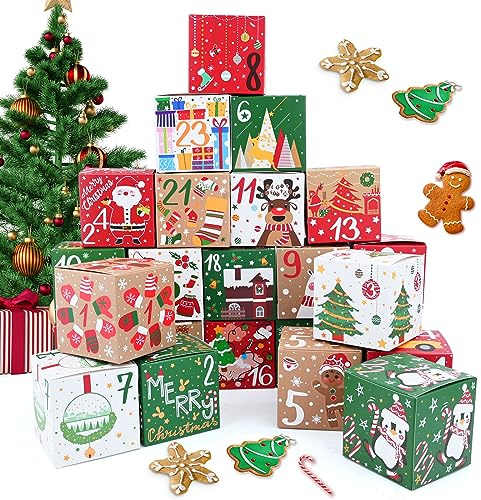Bekecidi 24 Stück Weihnachtskalender Boxen 2023 Adventskalender Süßigkeiten Box Weihnachtspapier Boxen Weihnachtsplätzchen Boxen für Feiertage Thanksgiving Weihnachtsfeier (7 cm)