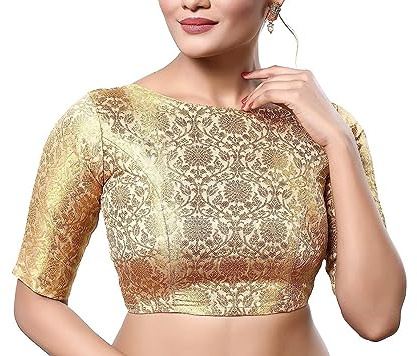 Women's Brocade Saree Blouse Bollywood Ethnic Lehenga Crop Top Tunic Partywear Golden
