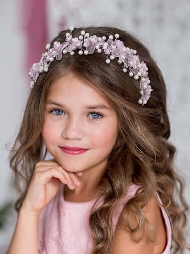 IYOU Niña Flores Diadema Lila Florales Boda Tocado Perlas Comunión Nupcial Accesorios para el cabello para Niñas