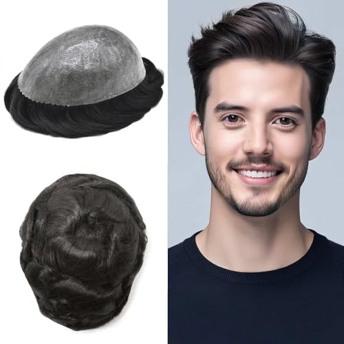 Toupee For Men Hair Piece Real Human Hair Replacement System Poly Skin Mens Toupee Hair System Natural Hairline Protesis Capilar Para Hombre8X10-120% Medium light to Medium density 1# JET BLACK