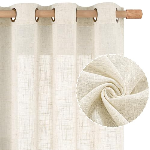 LAMIT Cream 90 Inch Long Linen Sheer Curtains 2 Panels Set for Living Room, Soft Thick Bronze Grommet Window Drapes Light Filtering Panels for Bedroom/Farmhouse, 52 x 90 Inch, Cream Ivory
