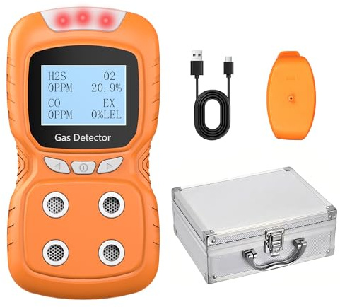 Sooguard Gas Detector, 4 Gas Monitor Multi Gas Detector, H2S,O2,CO and EX Rechargeable LCD Display Gas Sniffer Alarm, 14h Battery Life, Safety Explosion-Proof, for Work, Home - Orange