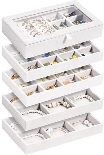 ProCase 5er-Set Schmucktablett Organizer mit Deckel, jewelry organizer Schmuckschale, Stapelbar Schmuck Schublade Organizer, Schmuckaufbewahrung für Ohrringe Ringe - Mittel, Warmweiß