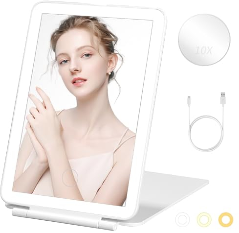 PERMUST Reisespiegel mit licht,Schminkspiegel mit Beleuchtung,Faltbarer Makeup Reisespiegel+10X Vergrößerung Spiegel,Touchscreen Dimmbarer mit 3 Lichtfarben Tischspiegel Kosmetikspiegel Standspiegel