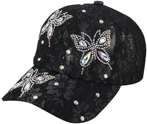 Cappello da baseball da donna con strass e paillettes, cappello estivo a rete con diamanti e farfalla in pizzo, piccolo berretto floreale