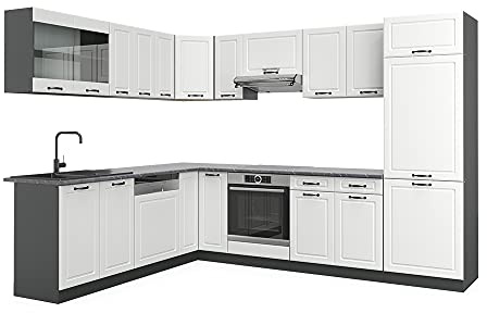 Vicco Eckküche R-Line, Weiß Landhaus/Anthrazit, 287 x 227 cm | 12 Module · Höhenverstellbare Füße · AP Anthrazit inkl. · MDF-Fronten · Mit Kühlschrankumbauschrank · Frei kombinierbar