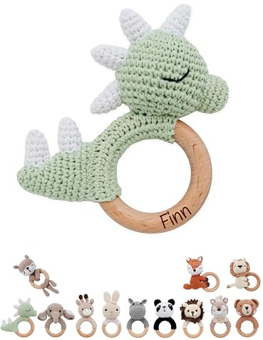 wunderwunsch® - Personalisierter Beißring Baby - Niedlicher Greifling für Baby's ab 0 Monate - Babyrassel mit Name als Baby Geschenk für Mädchen und Jungen (Dino grün,mit Name)