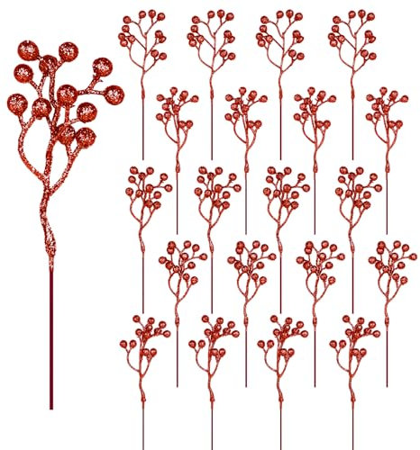 JOFONY Christmas Red Berries Stems, 20 Pack Christmas Holly Berries Artificial Berries Holly Red Berries Branches for Christmas Tree Wreath Crafts Home Decoration