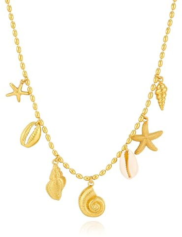 ENSKEFEN Klobige Gold Charm Halsketten für Damen Zierliche Goldperlen Muschel Muschel Seestern Halskette Statement Anhänger Choker Halskette Surfer Sommer Boho Strand Ozean Schmuck
