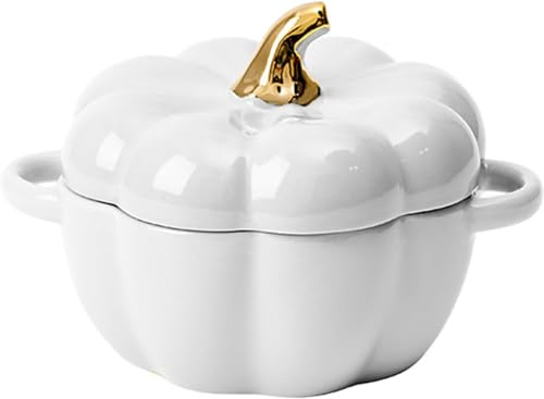 Niederländischer Ofen Topf mit Deckel, Herbst Kürbis Töpfer Suppe Schüsseln mit Griffen, Mini Keramik Ofen Safe Schüsseln, Kürbis Dekorative Schüssel für Home Decor Herbst Halloween Part (Weiß)