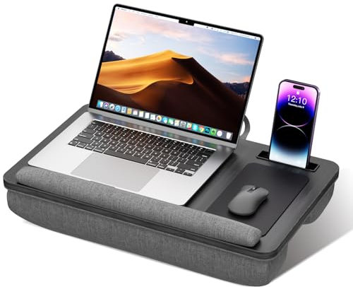 Tragbarer Wood Laptopkissen, passend für bis zu 17-Zoll-Laptops, Laptopkissen mit Anti-Rutsch-Streifen und Telefonhalter, Leichter Schoßtablett-Tisch mit Kissen für Couch und Bett (schwarz)